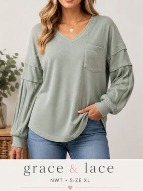 Grace & Lace Sage Green Waffle Knit V-Neck Top Tiered Gathered Sleeves NWT XL